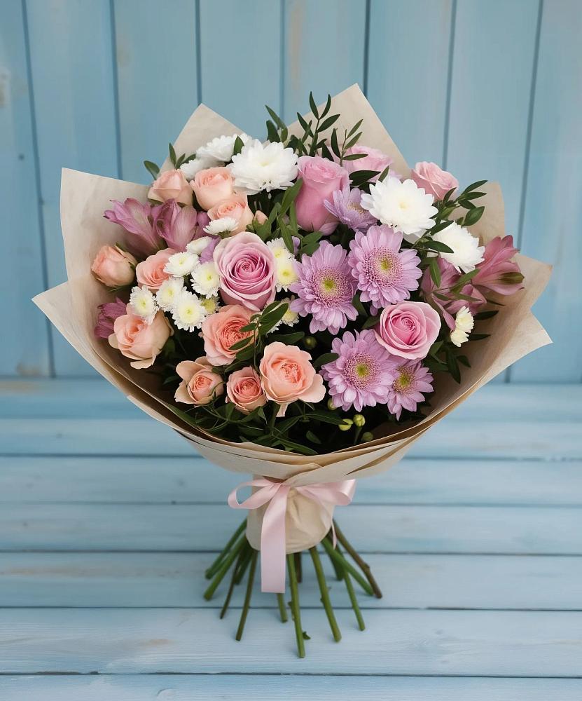 Букет цветов из: Хризантемы, Розы и Альстромерии в Долгое