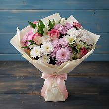 Букет цветов из:  Хризантемы, Альстромерии и Розы в Долгое