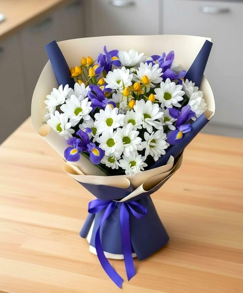 Букет цветов из: Розы, Ирисы и Хризантемы в Долгое